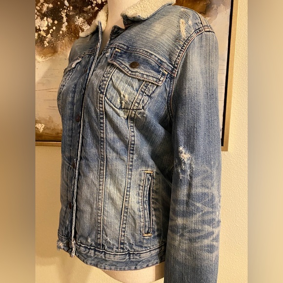 Vintage Polo Ralph Lauren No 67 distressed denim jean jacket Sherpa size M EC